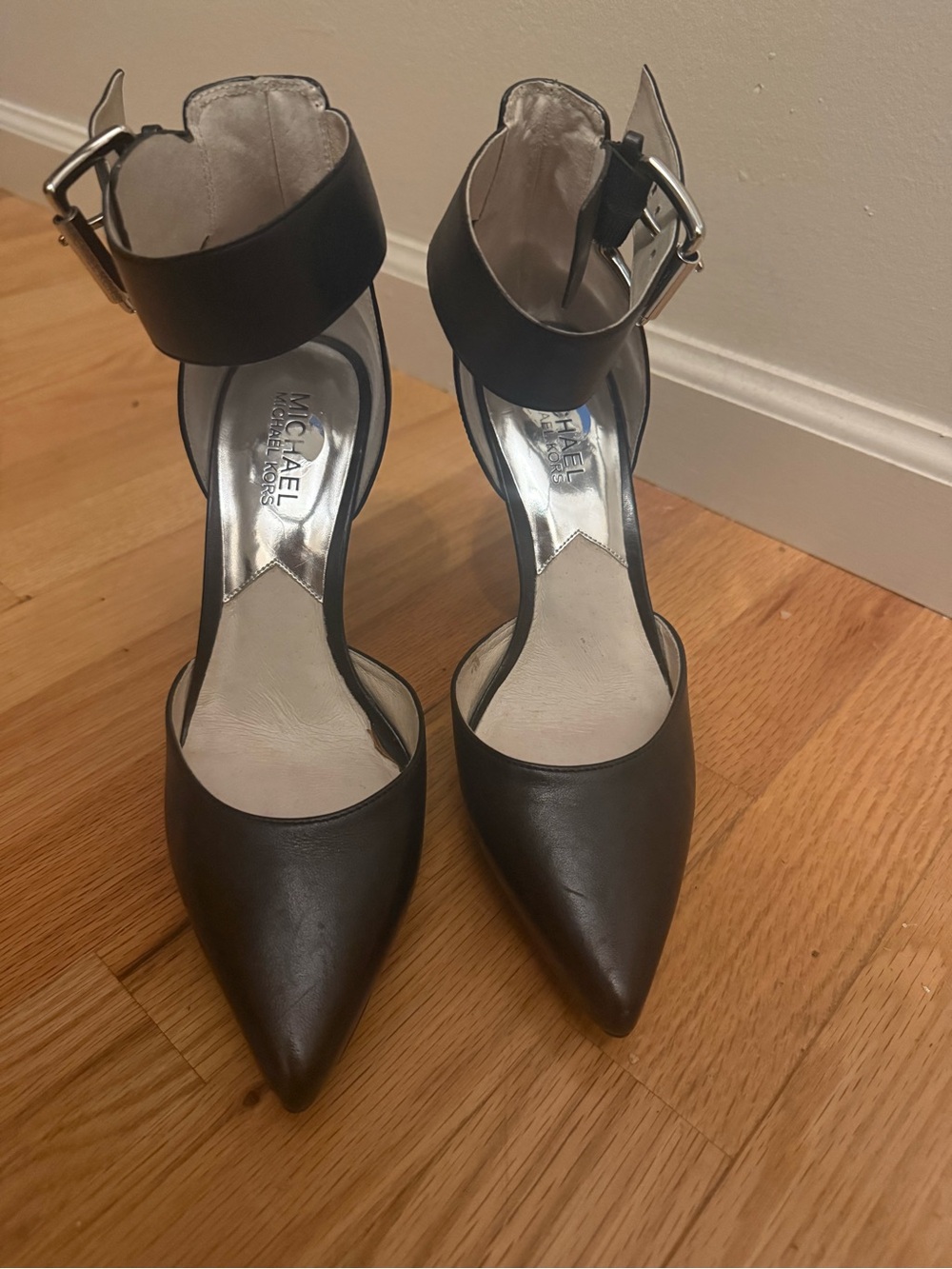 Michael Kors Black Pointed Ankle-Strap Pumps with Buckle
